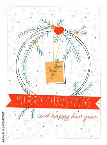 Stylish doodle postcard with christmas wreath and lettering. Christmas and New Year postcards. Hand Drawn style. Flat doodle holiday postcards template