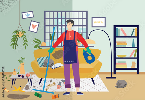Cleaner man cleaning very dirty living room at home, flat vector illustration
