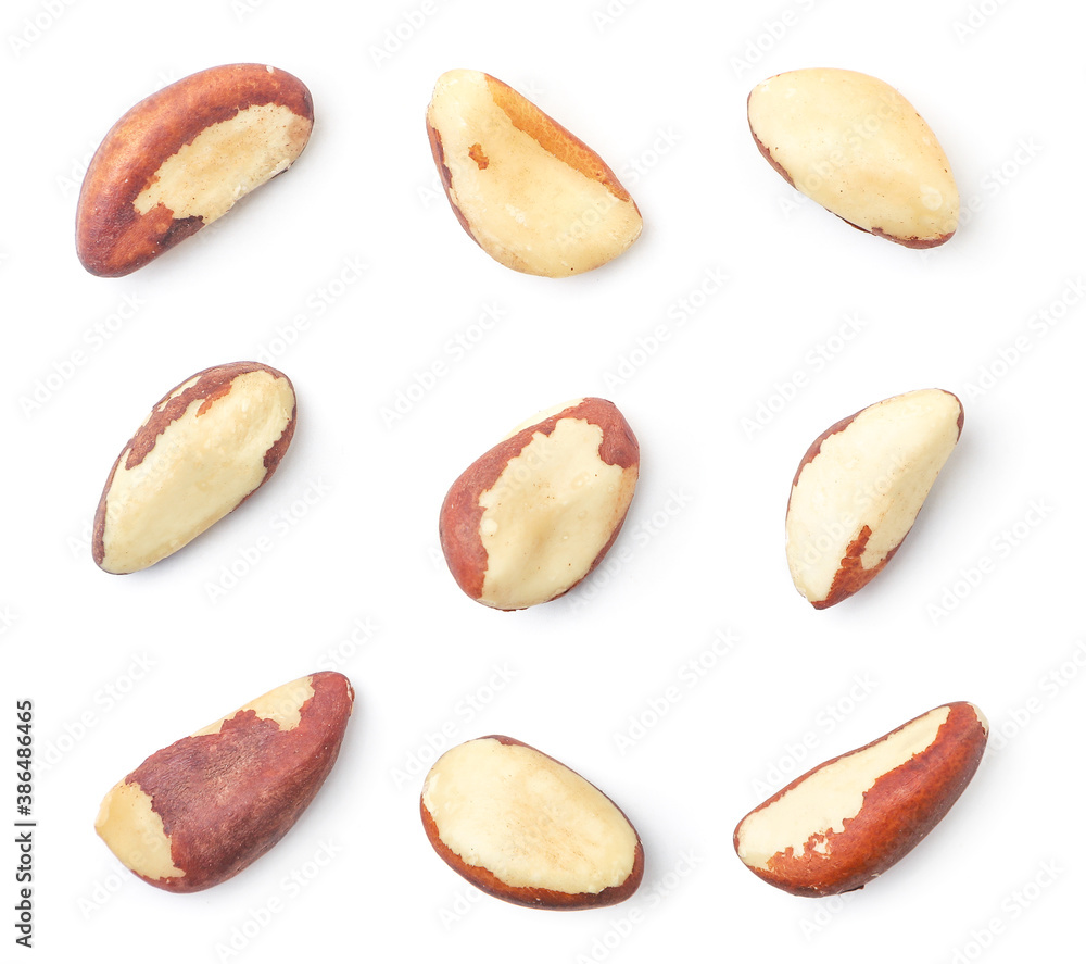 Brazil nut set on a white background, isolated. The view from top
