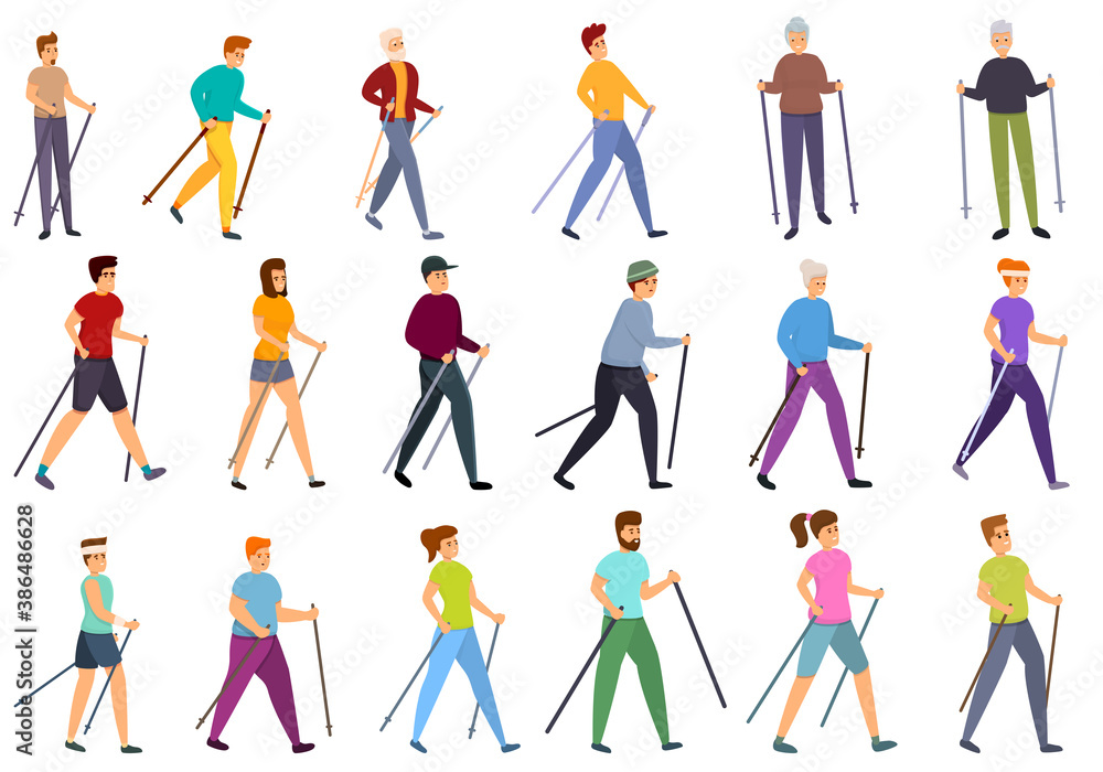 Nordic walking icons set. Cartoon set of nordic walking vector icons for web design