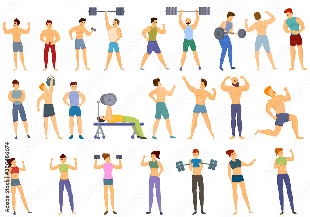 Bodybuilding icons set. Cartoon set of bodybuilding vector icons for web design Bodybuilding icons set. Cartoon set of bodybuilding vector icons for web design