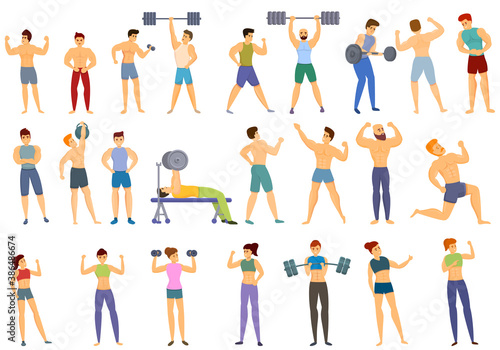 Bodybuilding icons set. Cartoon set of bodybuilding vector icons for web design