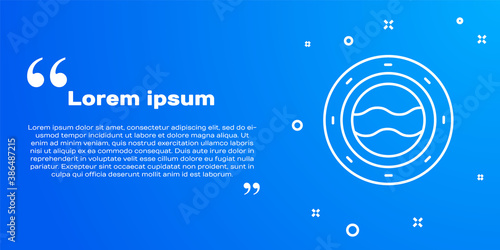 White line Ship porthole with rivets and seascape outside icon isolated on blue background. Vector.