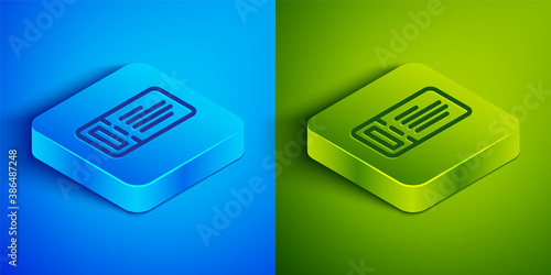Isometric line Cruise ticket for traveling by ship icon isolated on blue and green background. Travel by Cruise liner. Cruises to Paradise. Square button. Vector.