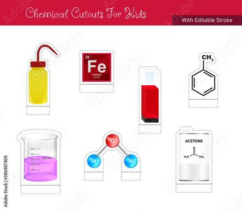 Vector chemical cutout for kids. Cut and glue paper chemistry toys for education. Worksheet with chemical objects. Papercraft and DIY models isolated on a white background.