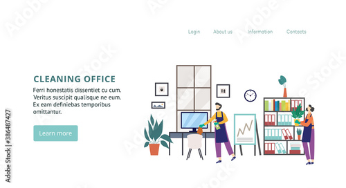 Illustration of office interior with professional cleaners a landing page template