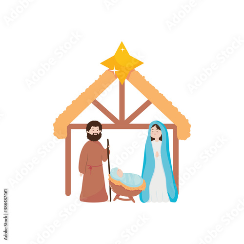Nativity manger scene with Virgin Mary, Joseph and baby jesus, flat style