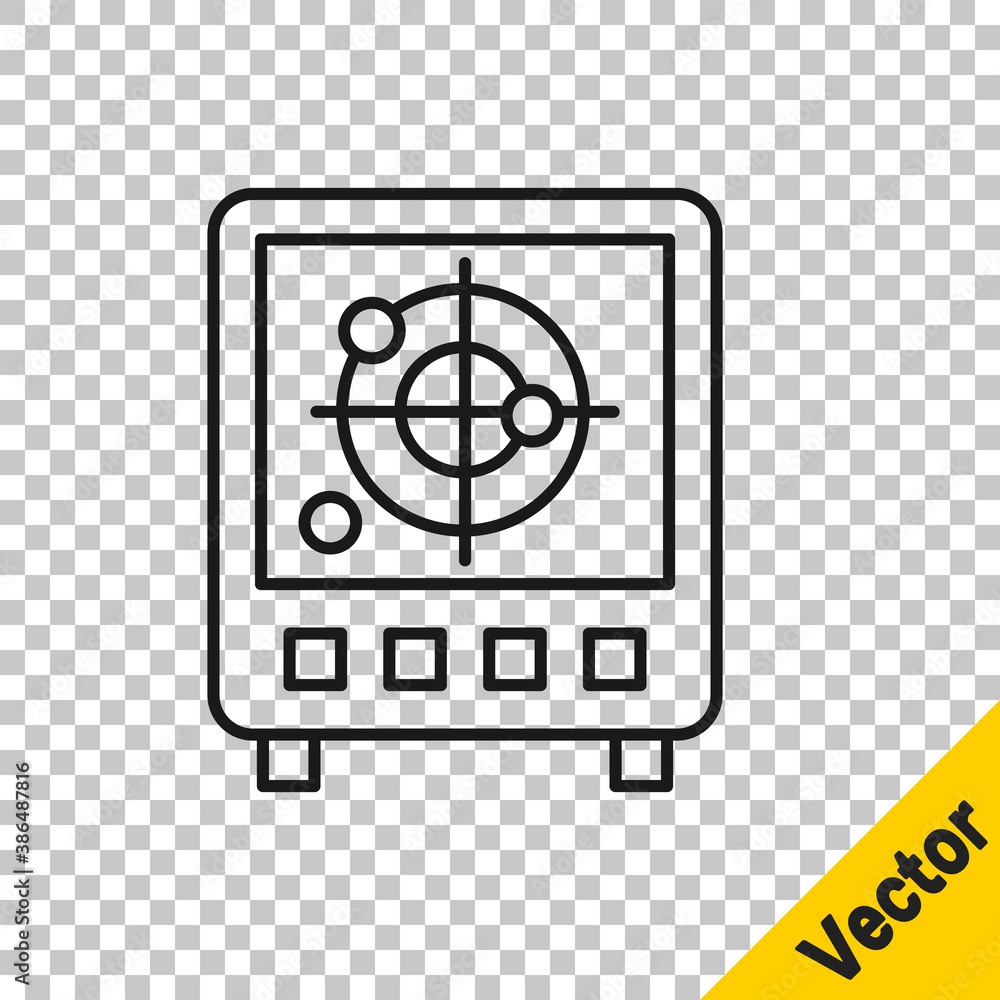 Black line Radar with targets on monitor in searching icon isolated on transparent background. Search system. Navy sonar. Vector. Black line Radar with targets on monitor in searching icon isolated on transparent background. Search system. Navy sonar. Vector.