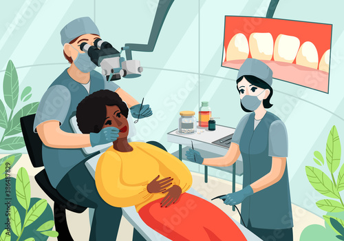 A dentist with an assistant treating the patient's teeth. A nurse holds dental instruments. The doctor looks through a special microscope. Teeth on the screen. The patient is lying on a couch.