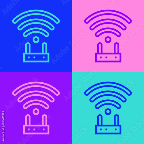 Pop art line Router and wi-fi signal icon isolated on color background. Wireless ethernet modem router. Computer technology internet. Vector.