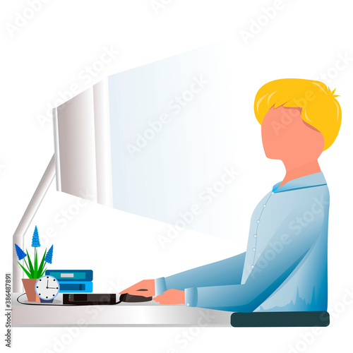 The character works at the computer. Home and office work concept. Refresher courses. Flat cartoon style. Can be used for collages, websites, stickers. For business and finance.