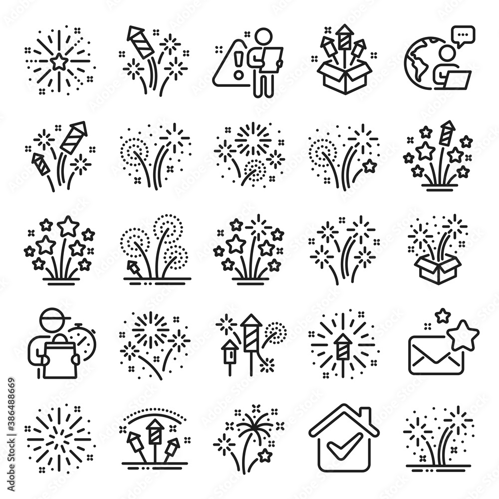Fototapeta premium Firework salute line icons. Carnival celebration, christmas explosive pyrotechnic and festival lights. New year firework set icons. Flash rocket, pyrotechnic effects, christmas salute. Vector
