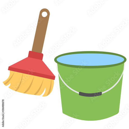 
Bucket and broom  together symbolizing floor cleaning concept 
