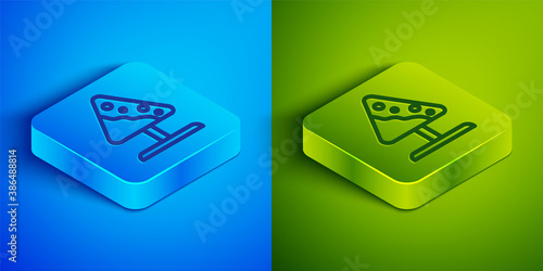 Isometric line Road sign avalanches icon isolated on blue and green background. Snowslide or snowslip rapid flow of snow down a sloping surface. Square button. Vector.