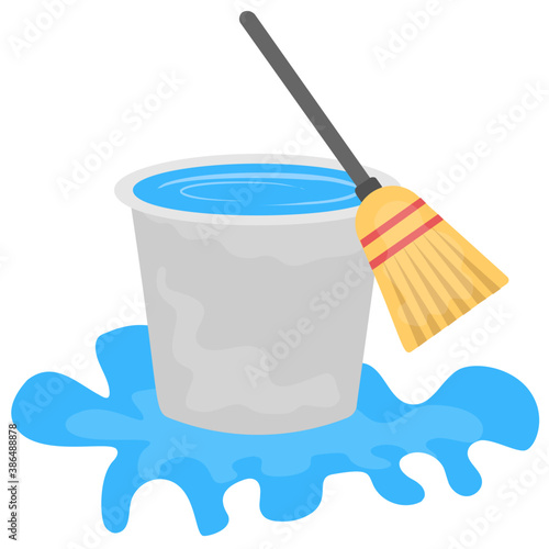 
Bucket and broom  together symbolizing floor cleaning concept 
