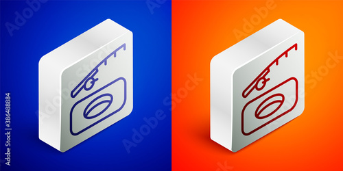 Isometric line Winter fishing icon isolated on blue and orange background. Silver square button. Vector.