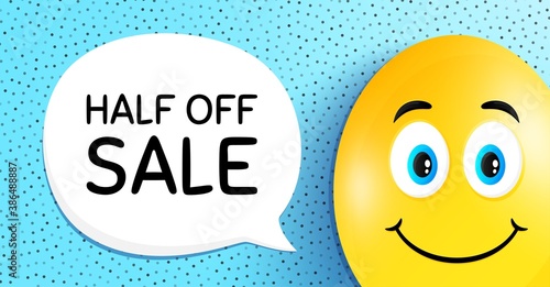 Half off sale. Easter egg with smile face. Special offer price sign. Advertising discounts symbol. Easter smile character. Half off sale speech bubble. Yellow egg background. Vector