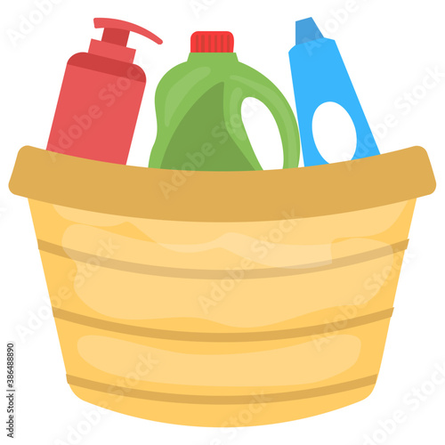 
Bucket filled with cleaning liquid bottles denoting icon for cleaners 
