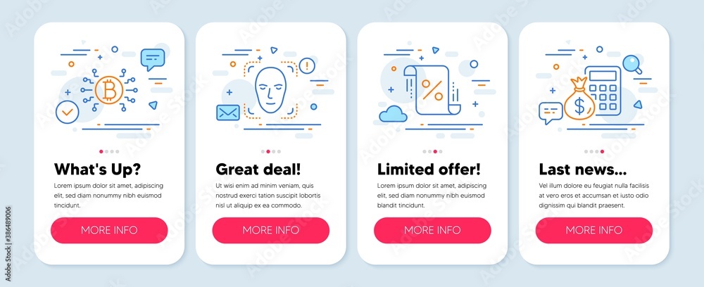 Set of Technology icons, such as Bitcoin system, Face detection, Loan percent symbols. Mobile app mockup banners. Finance calculator line icons. Vector