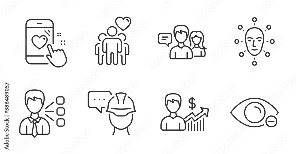 Third party, Myopia and Heart rating line icons set. People talking, Face biometrics and Foreman signs. Business growth, Friendship symbols. Team leader, Eye vision, Phone feedback. Vector