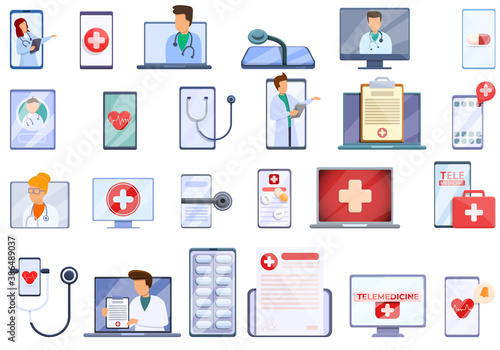 Telemedicine icons set. Cartoon set of telemedicine vector icons for web design