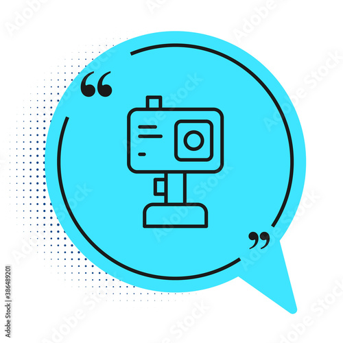 Black line Action extreme camera icon isolated on white background. Video camera equipment for filming extreme sports. Blue speech bubble symbol. Vector.