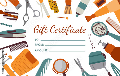 Gift certificate card for visit to hairdresser, flat cartoon vector illustration