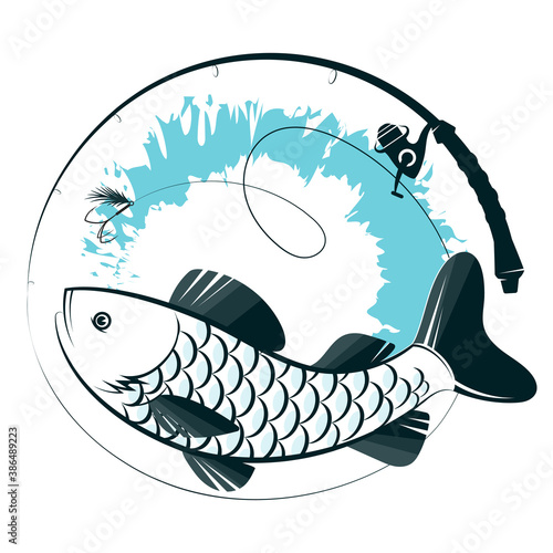 Fishing rod and a fish symbol on a wave