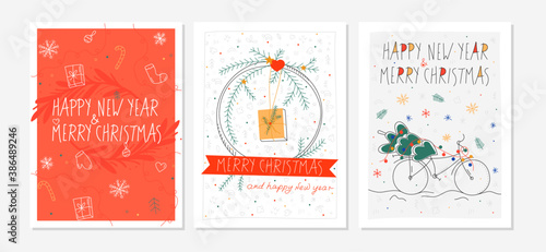 Set of three minimalistic doodle Christmas cards with Christmas wreath, bicycle and Christmas tree. Christmas and New Year postcards. Hand Drawn style. Flat doodle holiday postcards template