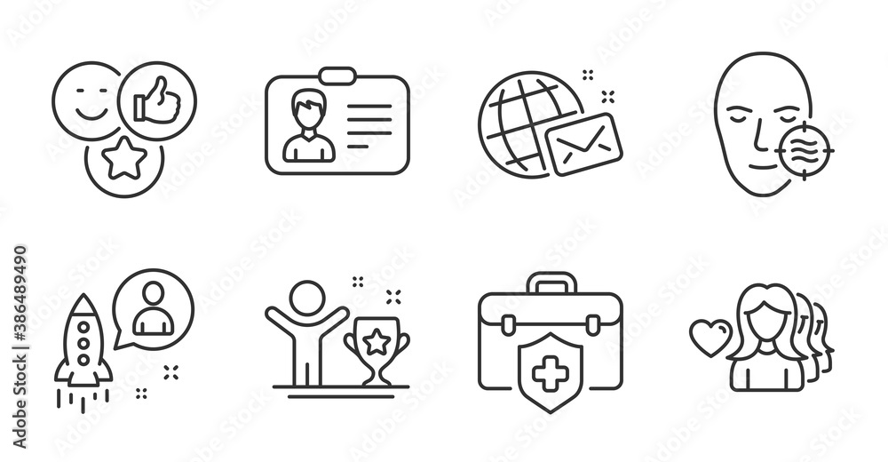 Winner cup, Identification card and World mail line icons set. Medical insurance, Woman love and Like signs. Problem skin, Startup symbols. Champion, Person document, Chat. People set. Vector