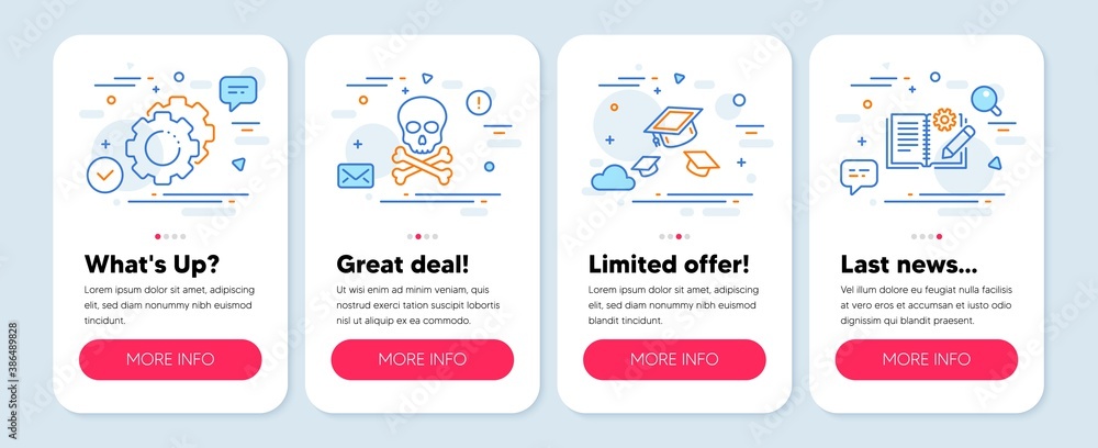 Set of Science icons, such as Throw hats, Chemical hazard, Settings gears symbols. Mobile screen mockup banners. Engineering documentation line icons. Vector Set of Science icons, such as Throw hats, Chemical hazard, Settings gears symbols. Mobile screen mockup banners. Engineering documentation line icons. Vector
