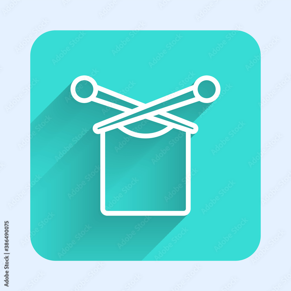 White line Knitting icon isolated with long shadow. Wool emblem with knitted fabric and needle. Label for hand made, knitting or tailor shop. Green square button. Vector.