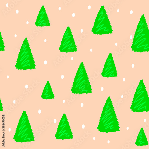 Seamless hand drawn pattern for christmass or new year with cute pine tree and snowflakes on light background,template for textile,wallpaper,packaging and wrapping paper,cover design,holiday