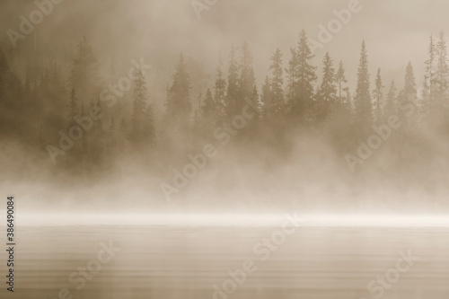 Fog on the lake hiding the forest behind it on autumn morning at lake Kesäjärvi, Kuusamo, Finland