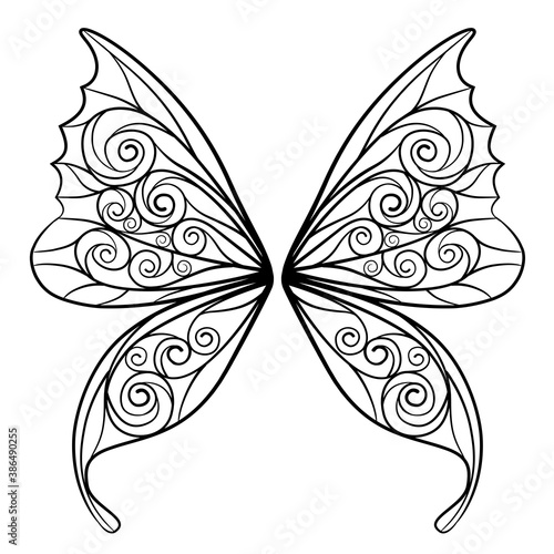 Decorative wings of a fantasy butterfly and a fairy. Black linear drawing isolated on white. Vector illustration