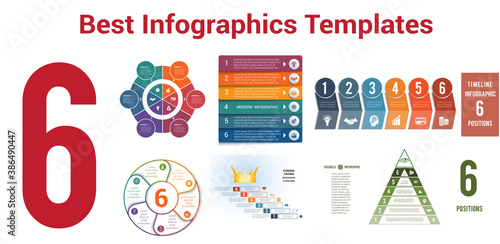 Universal set with 6 templates and positions  for Infographics conceptual cyclic processes. It can be use for workflow, banner, diagram, web design, timeline, area chart,number options