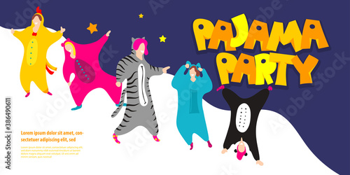 Pajama party. Happy friends in pajamas costume sleepwear. Trendy flat people vector illustration. Cute cartoon character unicorn  panda. Birthday party invitation. Cartoon happy dancing people.