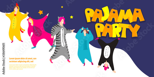 Pajama party. Happy friends in pajamas costume sleepwear. Trendy flat people vector illustration. Cute cartoon character unicorn, panda. Birthday party invitation. Cartoon happy dancing people.