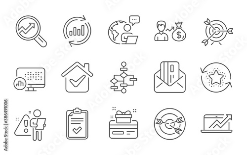 Block diagram, Sales diagram and Report statistics line icons set. Sallary, Targeting and Loyalty points signs. Checklist, Update data and Analytics symbols. Line icons set. Vector