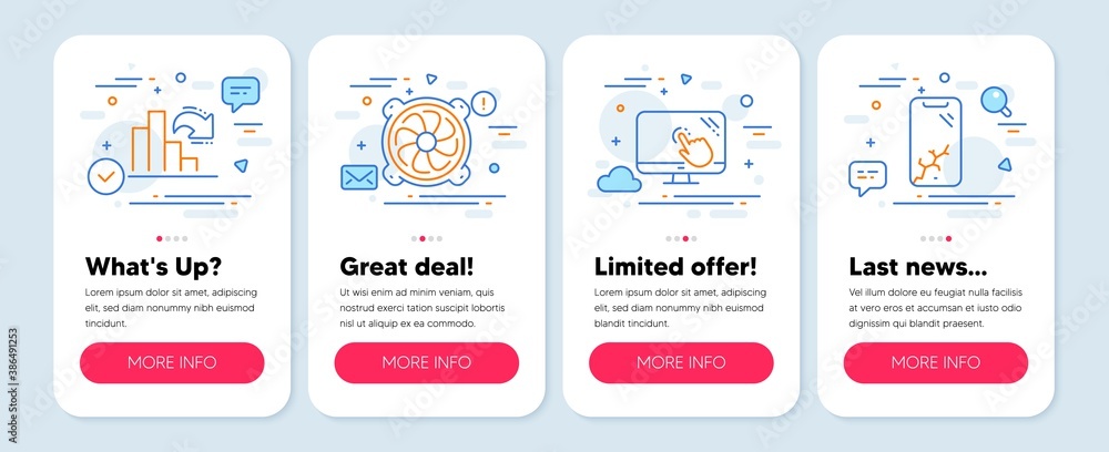 Set of line icons, such as Touch screen, Computer fan, Decreasing graph symbols. Mobile screen mockup banners. Smartphone broken line icons. Web support, Pc ventilator, Column chart. Vector
