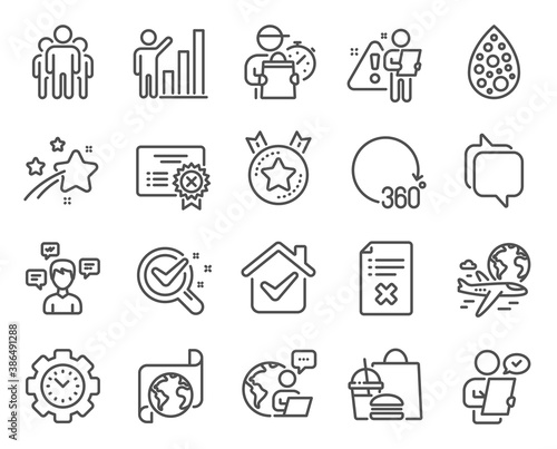 Technology icons set. Included icon as Reject certificate, Customer survey, Messenger signs. Reject file, Group, Conversation messages symbols. Graph chart, International flight. Vector