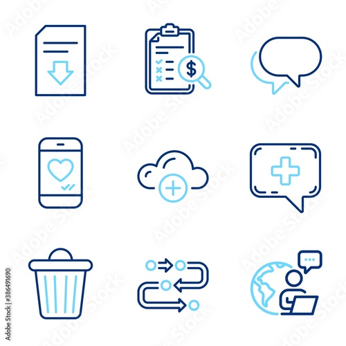 Technology icons set. Included icon as Talk bubble, Download file, Trash bin signs. Methodology, Medical chat, Accounting report symbols. Cloud computing, Love chat line icons. Line icons set. Vector