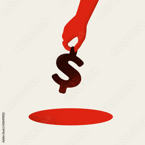 Bad investment or burning cash vector concept with hand putting money into hole.