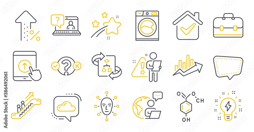 Set of Technology icons, such as Cloud communication, Inspiration, Quiz test symbols. Washing machine, Escalator, Face biometrics signs. Chemical formula, Increasing percent, Portfolio. Vector