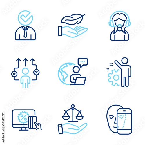 People icons set. Included icon as Face biometrics, Lightweight, Justice scales signs. Online shopping, Support, Business way symbols. Employee, Vacancy line icons. Line icons set. Vector