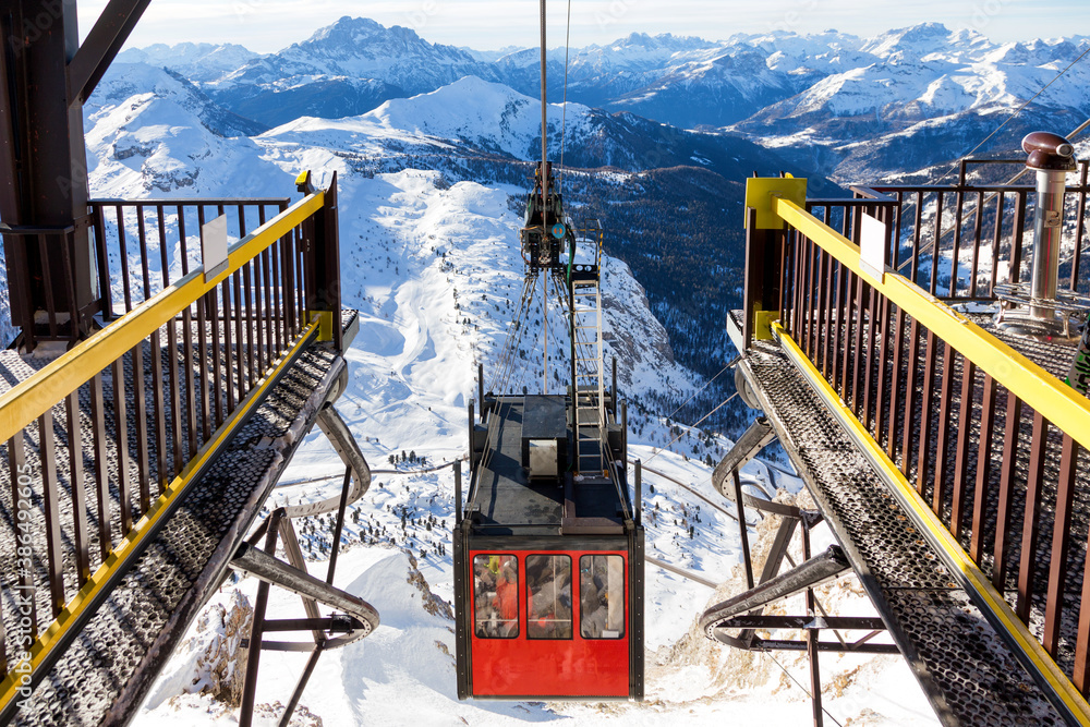 Cableway in the Dolomites, connecting Falzarego Pass and Lagazuoi rifugio. Mountain cable car. Italy, region Cortina d'Ampezzo.