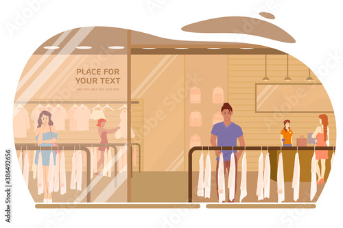 People in a store on sale choose clothes. Flat vector illustration.
