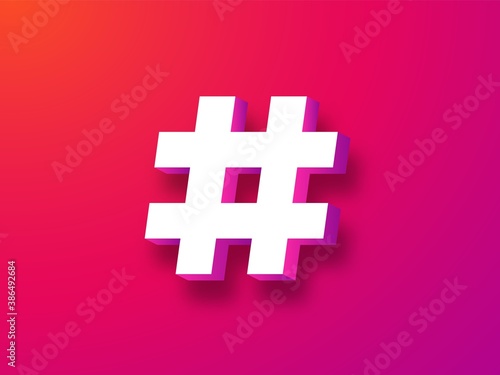 Hashtag symbol 3d. Trending white tag blog on red background and social networks chat.