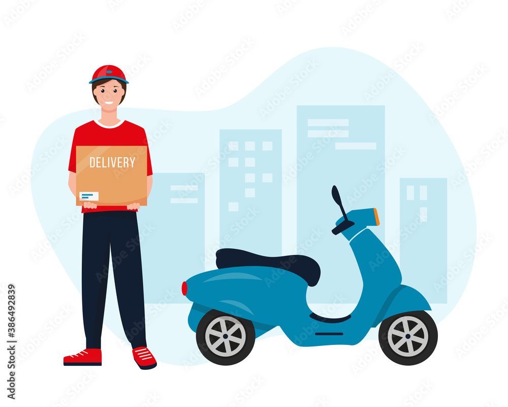 Delivery man with cardboard box near blue scooter. Delivery man with cardboard box near blue scooter.