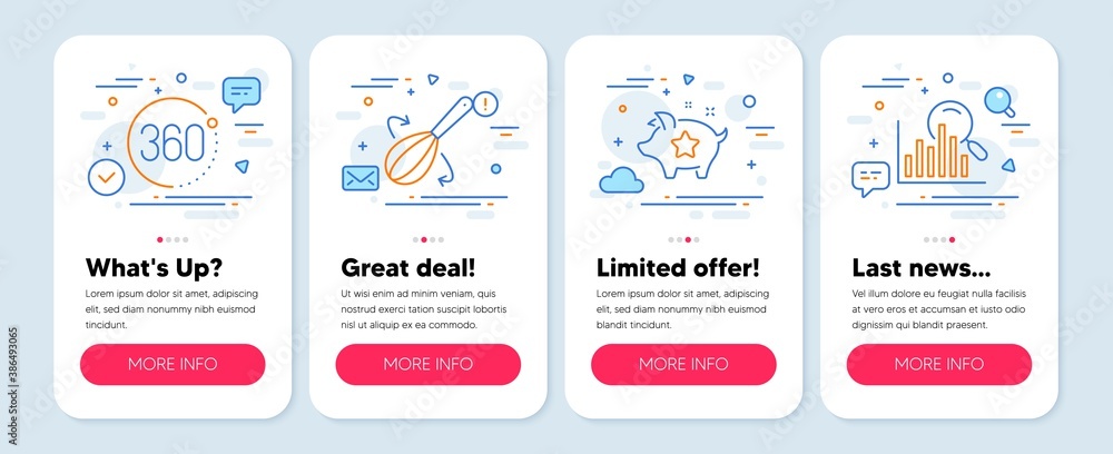 Set of Business icons, such as Loyalty points, 360 degrees, Cooking whisk symbols. Mobile screen mockup banners. Search line icons. Piggy bank, Full rotation, Cutlery. Analytics. Vector
